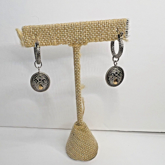 Signed BA Sterling Silver 18k Gold Hoop Earrings w/ Charm Byzantine Balinese - Picture 2 of 6
